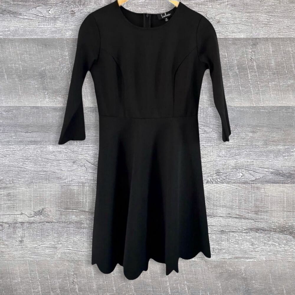 Lulus Cumulonimbus Clouds Black Skater Dress Womens M Fit & Flare Scallop Hem